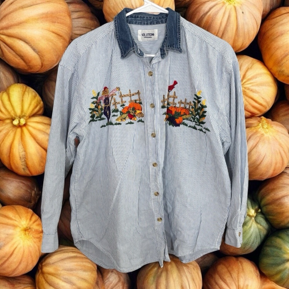Solutions Striped Button-up Shirt w/Embroidered Fall Design L/XL Teacher Vintage